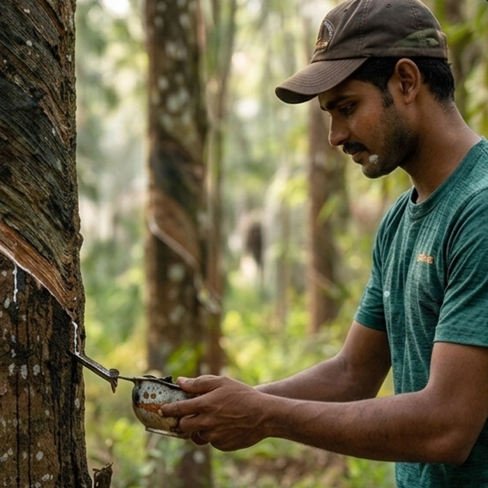 Rubber tapper harvesting latex from a tree in Sri Lanka